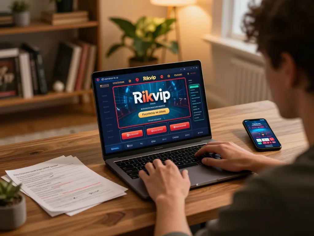 Engaged player exploring Rikvip online casino gameplay on a cozy laptop setup with notes and smartphone nearby.