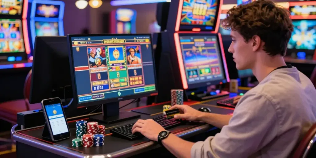 Player engaging with slots that accept credit cards at a vibrant online casino setup, showcasing modern gaming.