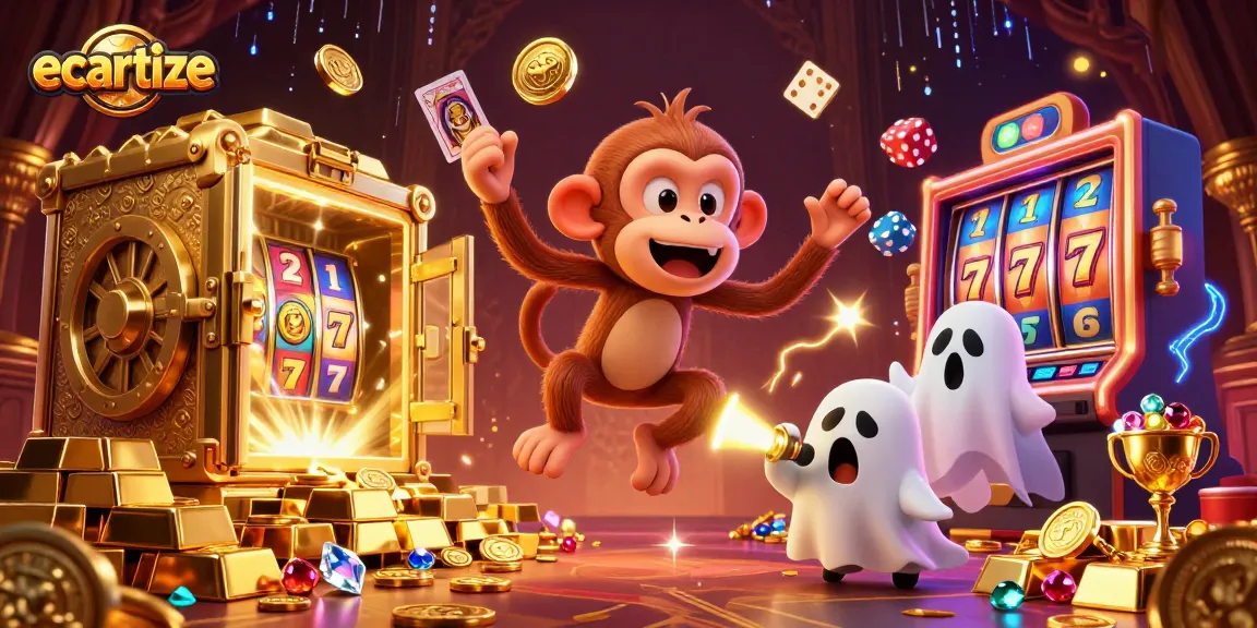 Experience the thrill of ecartize with a mischievous monkey juggling golden casino prizes.