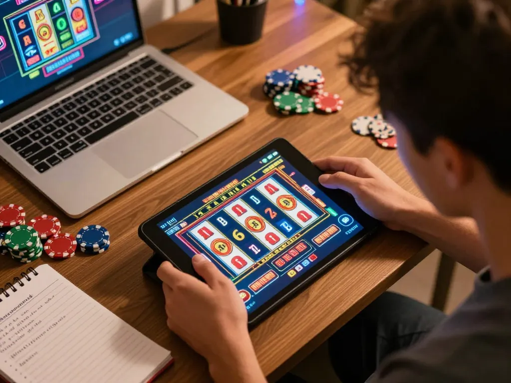 Experience link kp88 while playing thrilling online slots on a tablet, surrounded by strategic notes and poker chips.