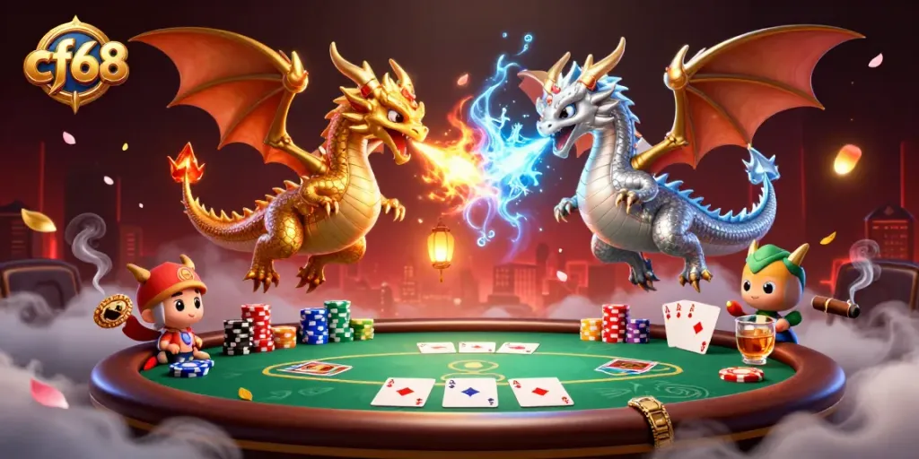 Engage with cf68's thrilling poker scene featuring dynamic dragons and vibrant casino elements.