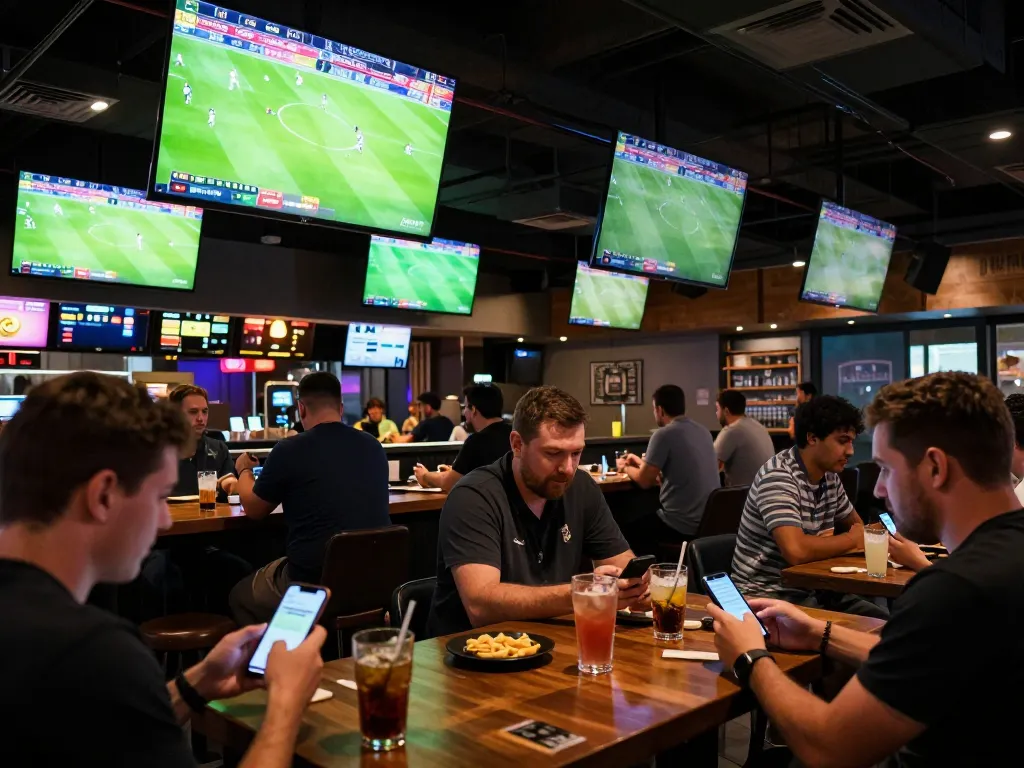 Socolive trực tiếp bóng đá showcased in an engaging sports bar scene, highlighting patrons betting on live matches.