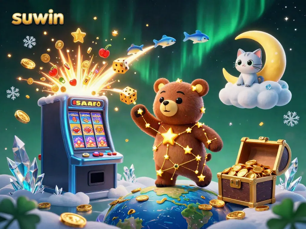 Experience exciting wins with suwin in this vibrant 3D casino illustration featuring gold coins and jackpot excitement.