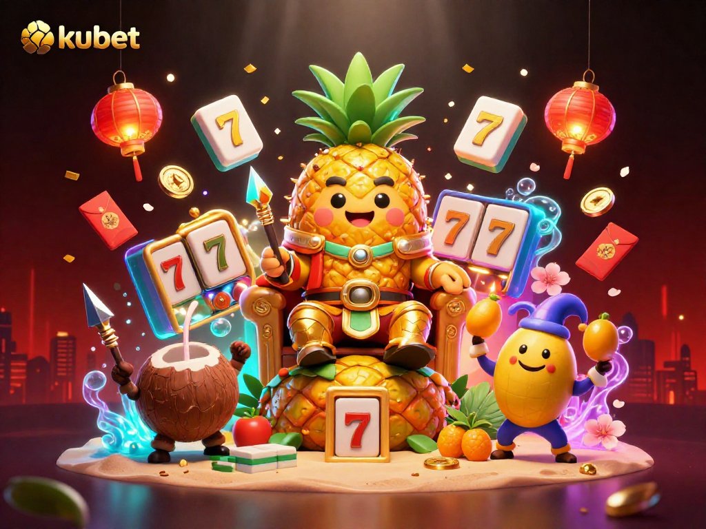 Kubet-themed illustration showcasing a golden pineapple king in a vibrant casino scene with slot reels, characters, and festive elements.