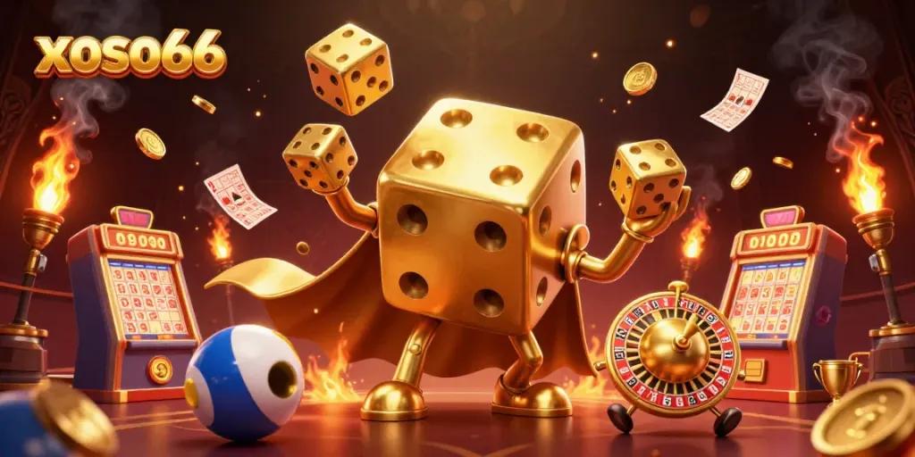 Xoso66 presents an exciting gaming scene with a golden dice golem and dynamic lottery elements, ideal for gamblers.
