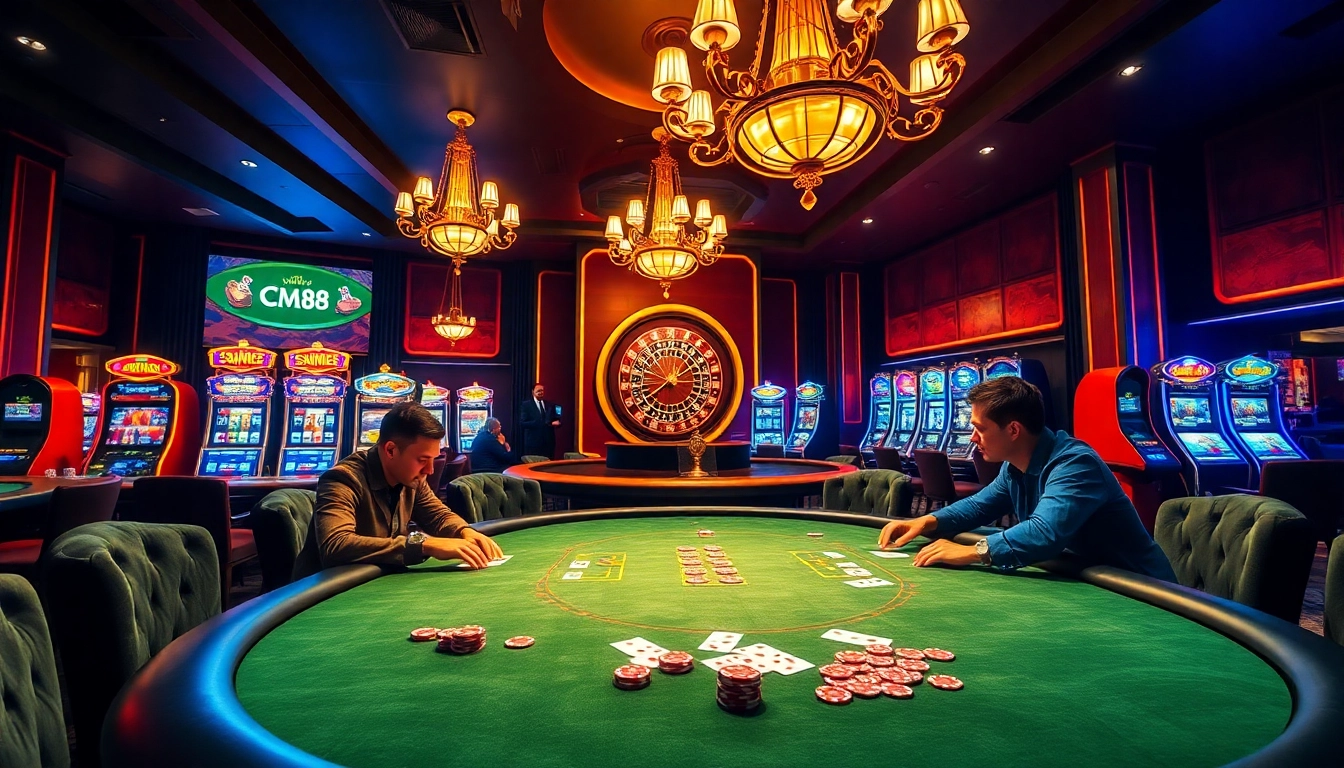 Experience thrilling gaming action at CM 88 casino with vibrant poker tables and roulette wheels.
