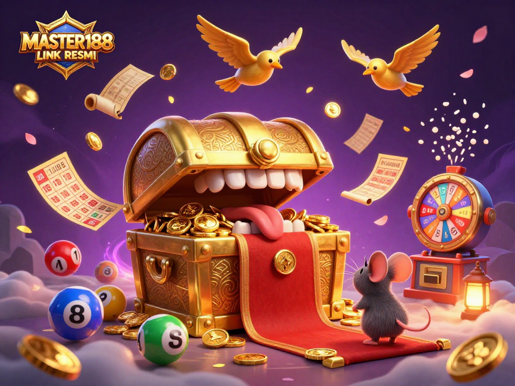 Engage with MASTER188 LINK RESMI in an exciting scene filled with golden treasures and vibrant lottery games