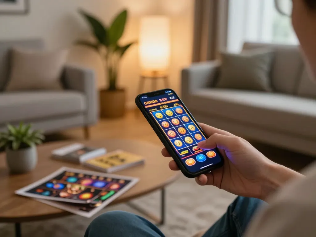 Engaging mobile gaming on god55 app showcasing spinning slot reels in a cozy home