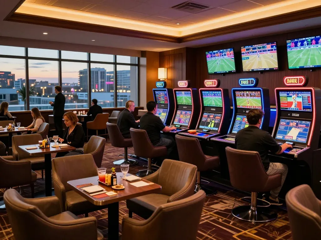 Experience tỉ lệ kèo in a vibrant sports betting lounge with patrons engaged in live betting.