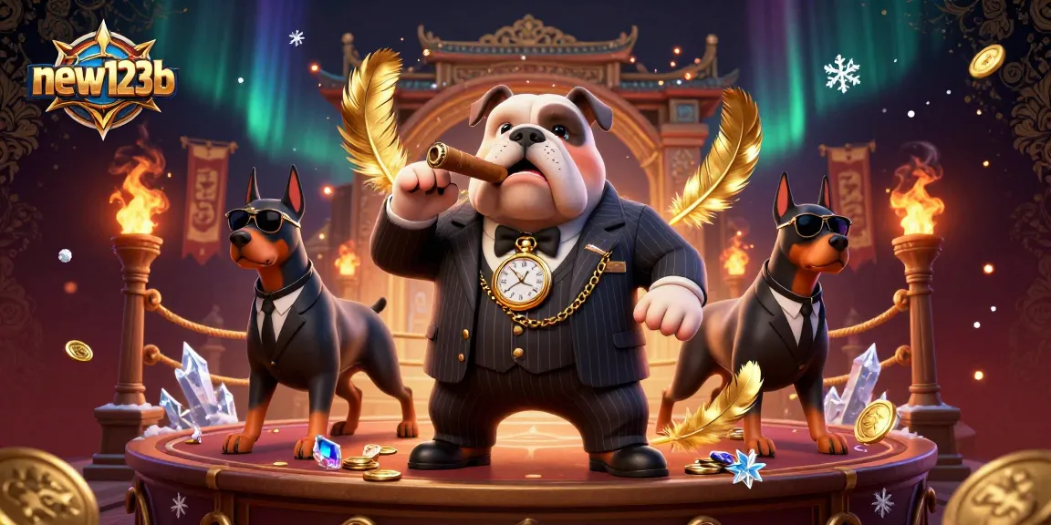 Experience thrilling gameplay at new123b featuring a mafia boss bulldog and Doberman bodyguards in a dynamic casino scene.