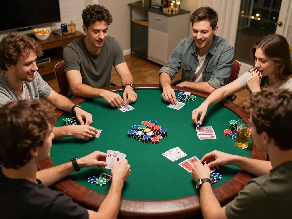 Friends enjoying a thrilling poker game at home, showcasing Jun88 gaming experience with strategy and camaraderie.
