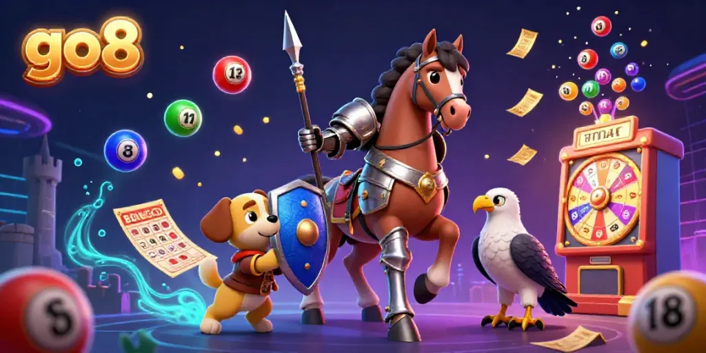 Experience thrilling game moments with go8 in a vibrant casino-inspired scene featuring unique characters.