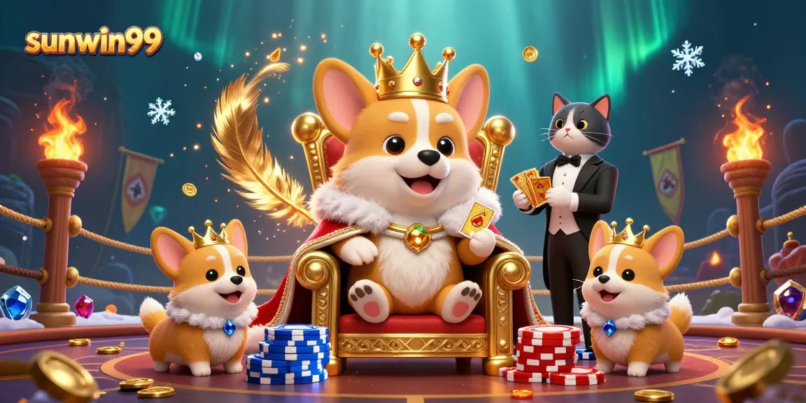 Experience sunwin99's royal gaming adventure with a corgi king and feline butler amidst vibrant casino elements.
