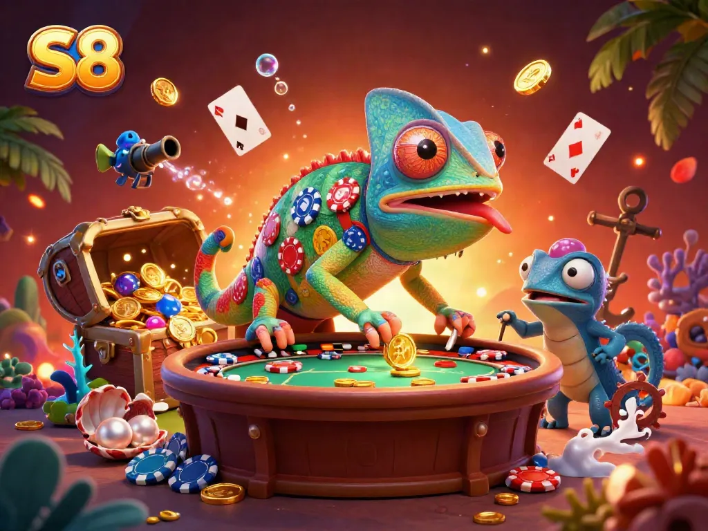 S8 captures thrilling moments as a chameleon casino owner collects golden coins amidst vibrant underwater treasures.