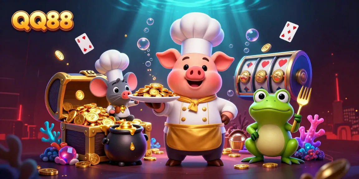 Experience the excitement of QQ88 as a chef pig serves golden winnings in this vibrant casino scene.