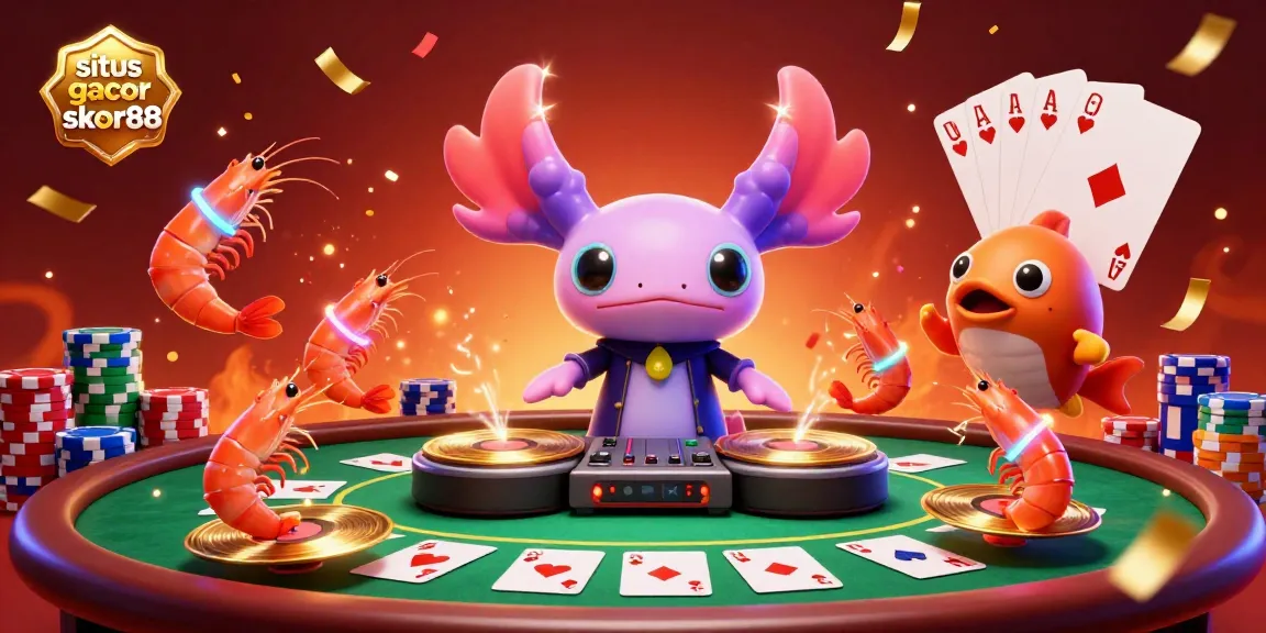 situs gacor skor88 showcases a vibrant scene with a DJ axolotl and colorful poker game elements bringing excitement.
