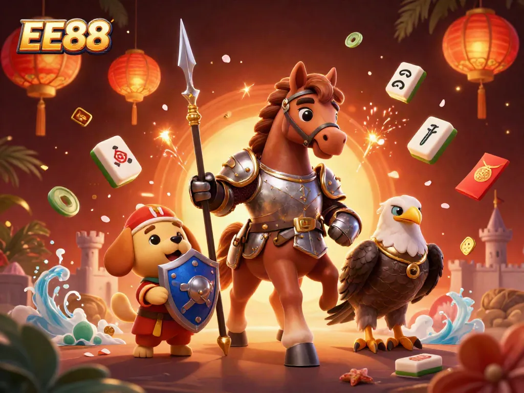 Experience the excitement of EE88 with vibrant game elements and dynamic characters in an enchanting 3D illustration.