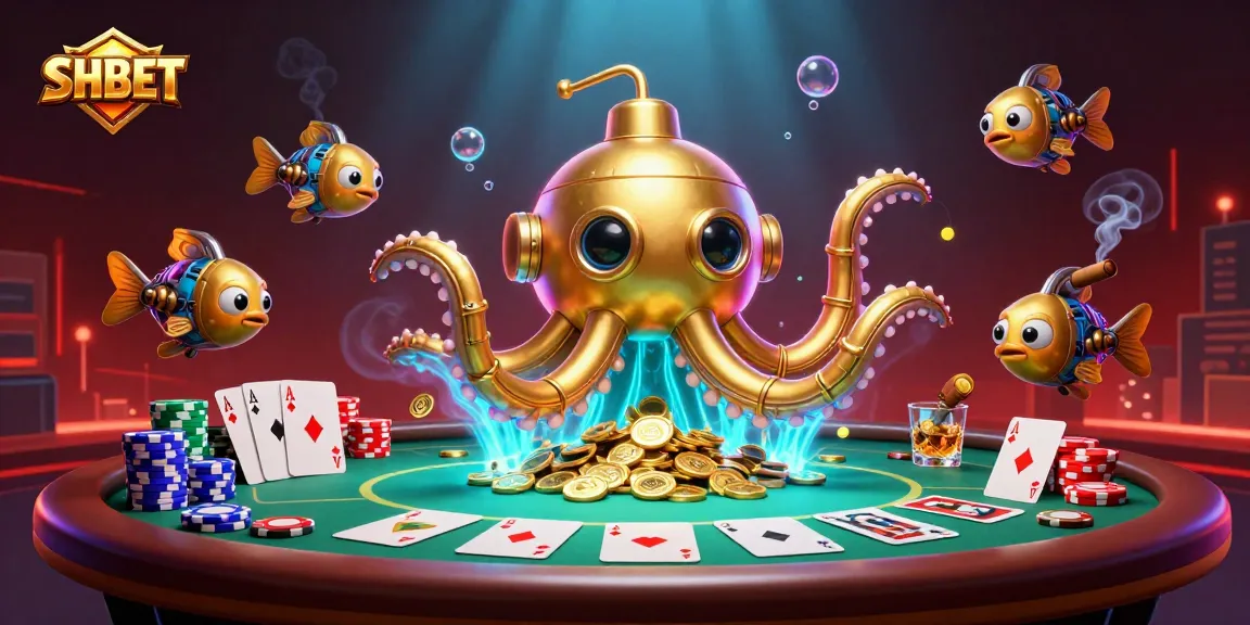 Engage in SHBET's thrilling poker scene with a golden kraken submarine and vibrant casino elements.
