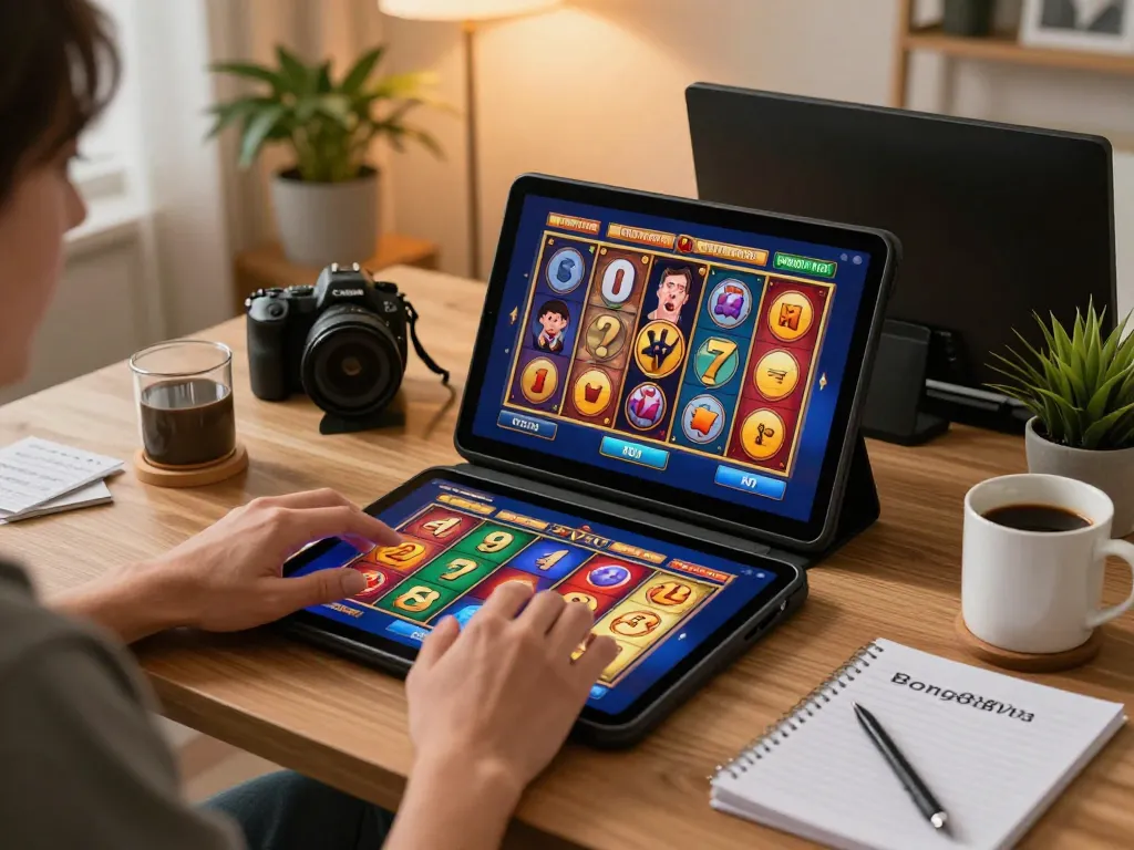 The player engages with Bong88viva's exciting slot game on a tablet, enjoying a cozy home setup.