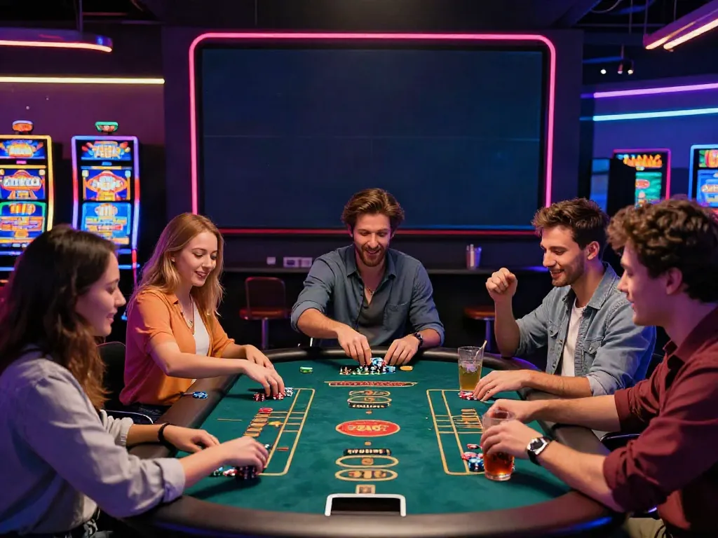 Friends enjoying the vibrant atmosphere of 78win casino while playing games.