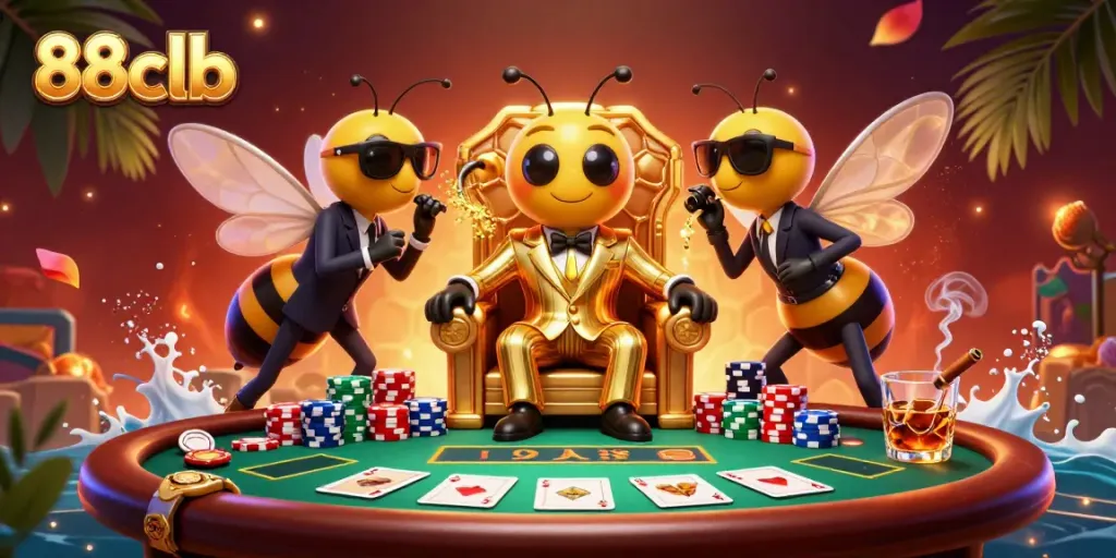 Engage with 88clb's thrilling casino scene featuring a mob boss and poker elements in 3D.
