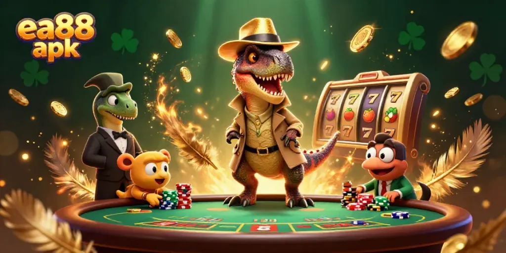 Experience thrilling gaming with the ea88 apk as a velociraptor card counter and friends at a dynamic blackjack table.