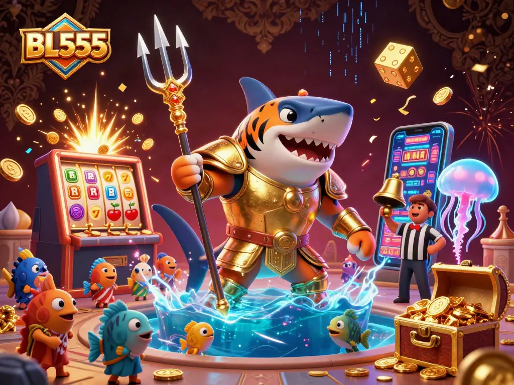 Experience gripping gameplay with BL555 as a tiger shark in gladiator armor dives into a vibrant underwater casino adventure.