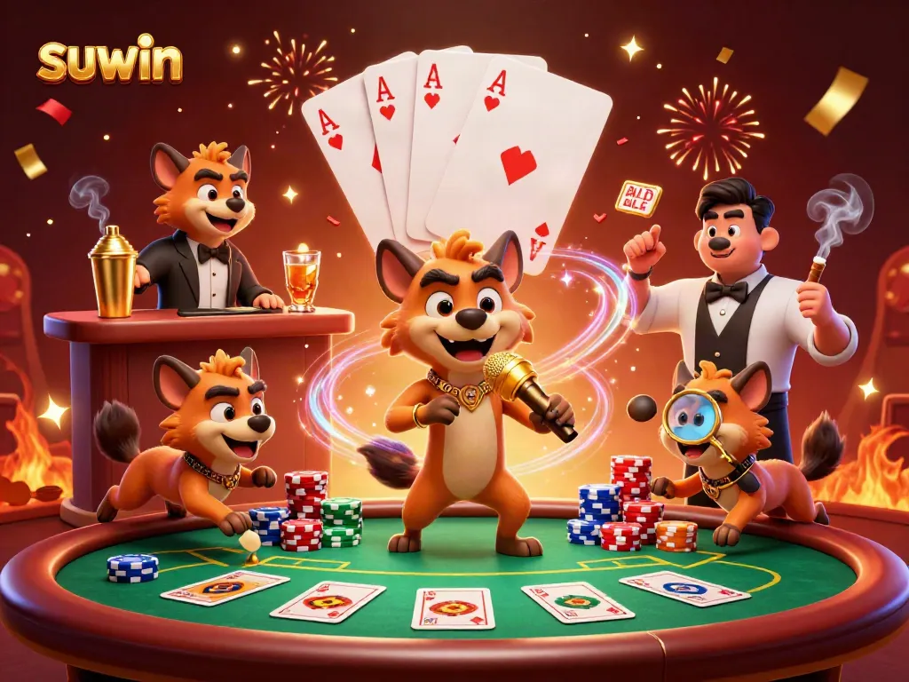 Experience the excitement of suwin in this vibrant casino scene with lively hyenas.