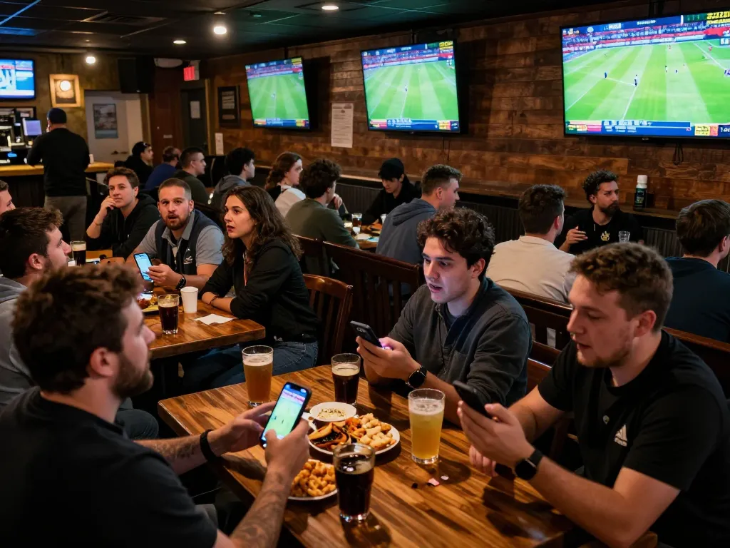 Soi Kèo fans passionately engaging in sports betting while watching a live football match at a vibrant sports bar.