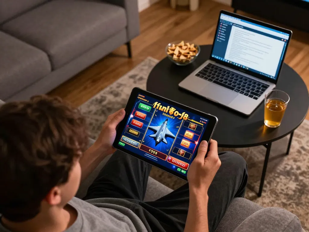 Engaged player enjoying F168 slot game on tablet amidst a cozy home setup.