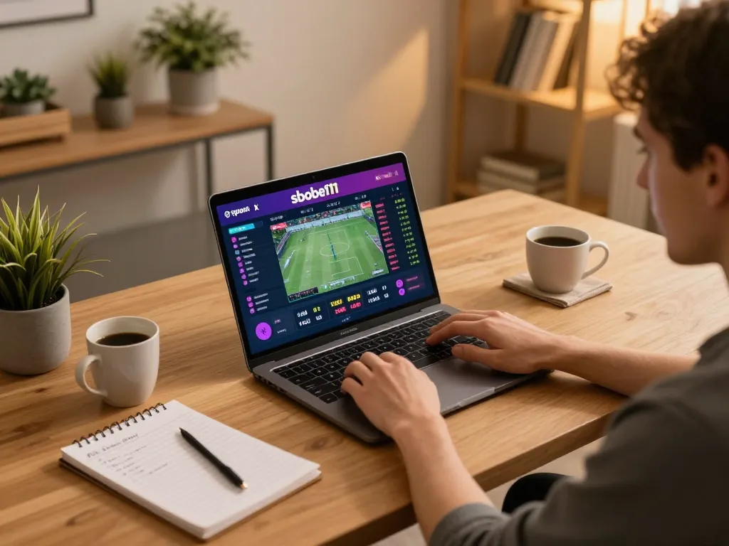 Engaged player enjoying sbobet11 online betting experience with vibrant display and notes