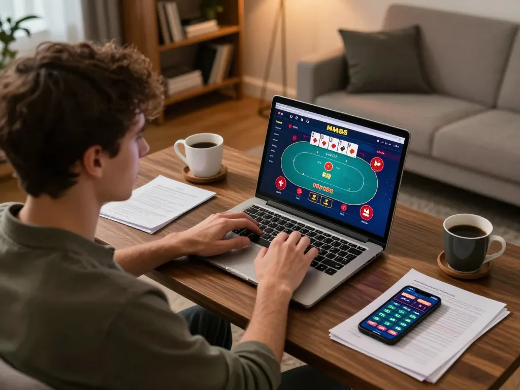 Player engaging in intense MM88 online poker game from home workspace