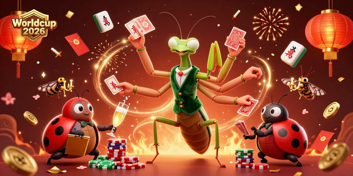 Engage with the thrilling Worldcup 2026 gaming scene featuring a giant mantis dealing cards amidst floating casino elements.