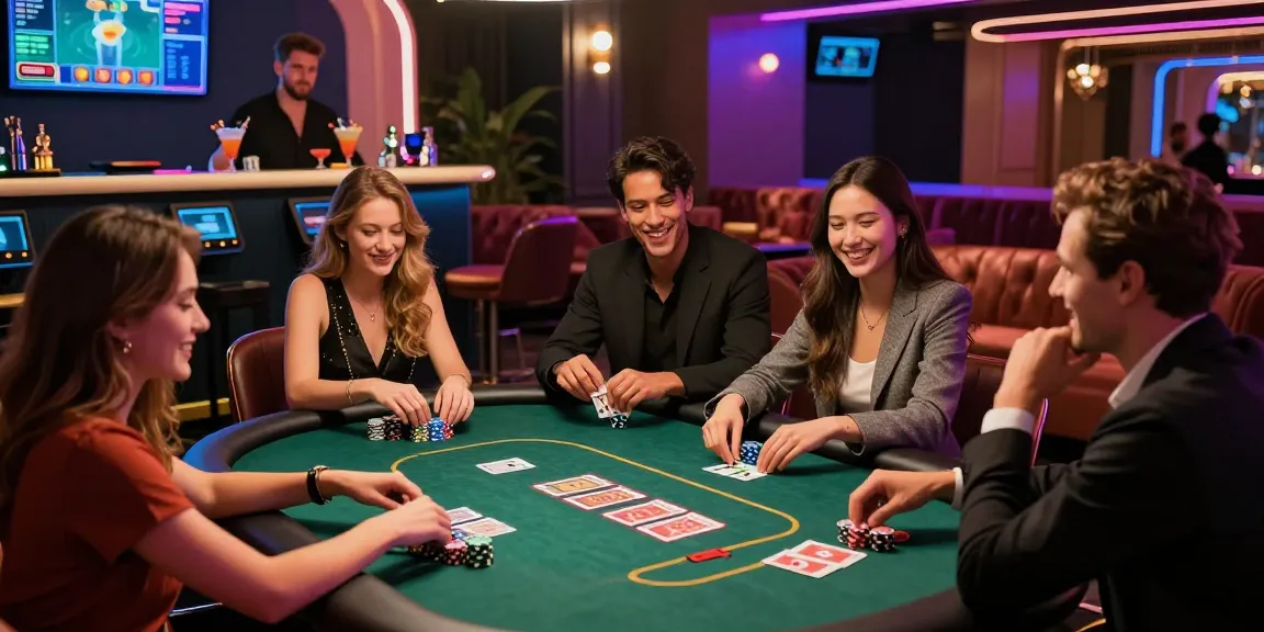 Friends enjoying a lively poker game at an upscale gaming lounge celebrating iwin.