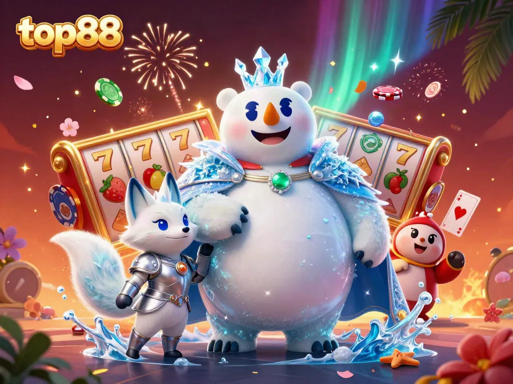 Engage in top88 casino games featuring dynamic characters and exciting slot elements in a vibrant scene.