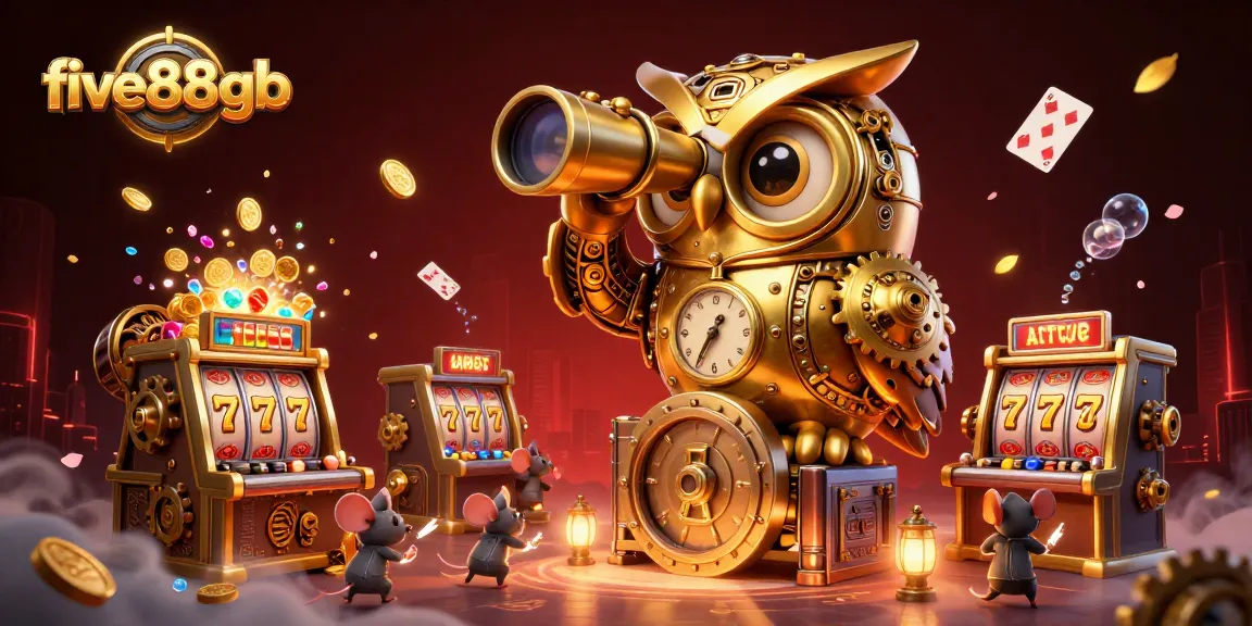 Play interactive slots and games at five88gb, featuring whimsical characters and vibrant casino elements.