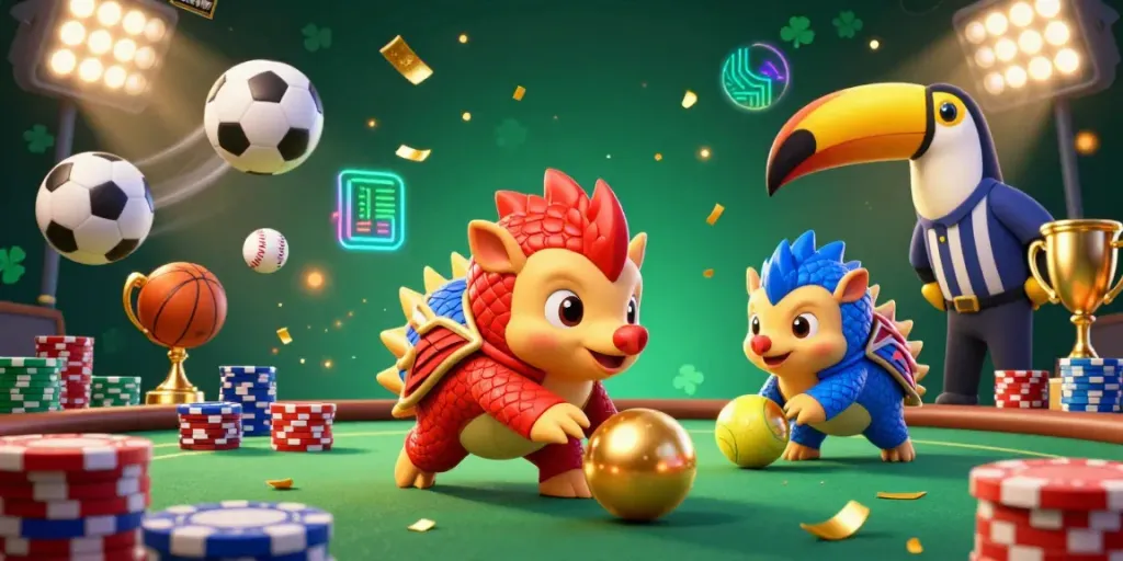 Witness a fierce OKVIP rivalry in an animated poker scene featuring vibrant pangolins and dynamic sports elements.