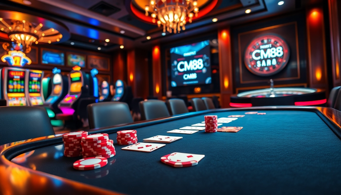 Exciting poker game scene featuring CM88 branding with vibrant chips and cards.