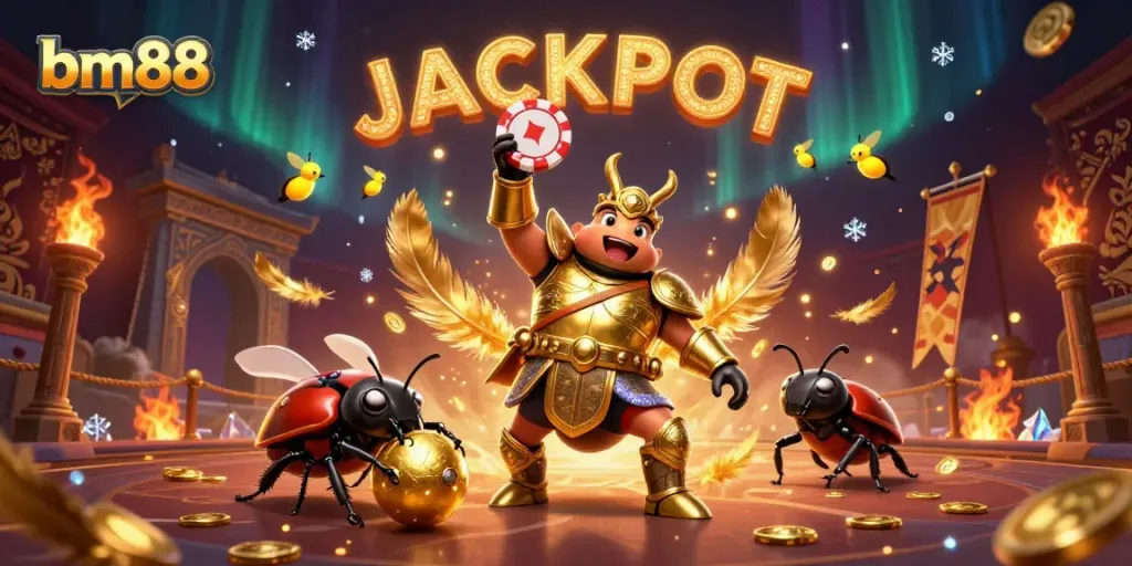 Experience the excitement of bm88 with a dynamic 3D scene featuring winning beetles and a jackpot display.