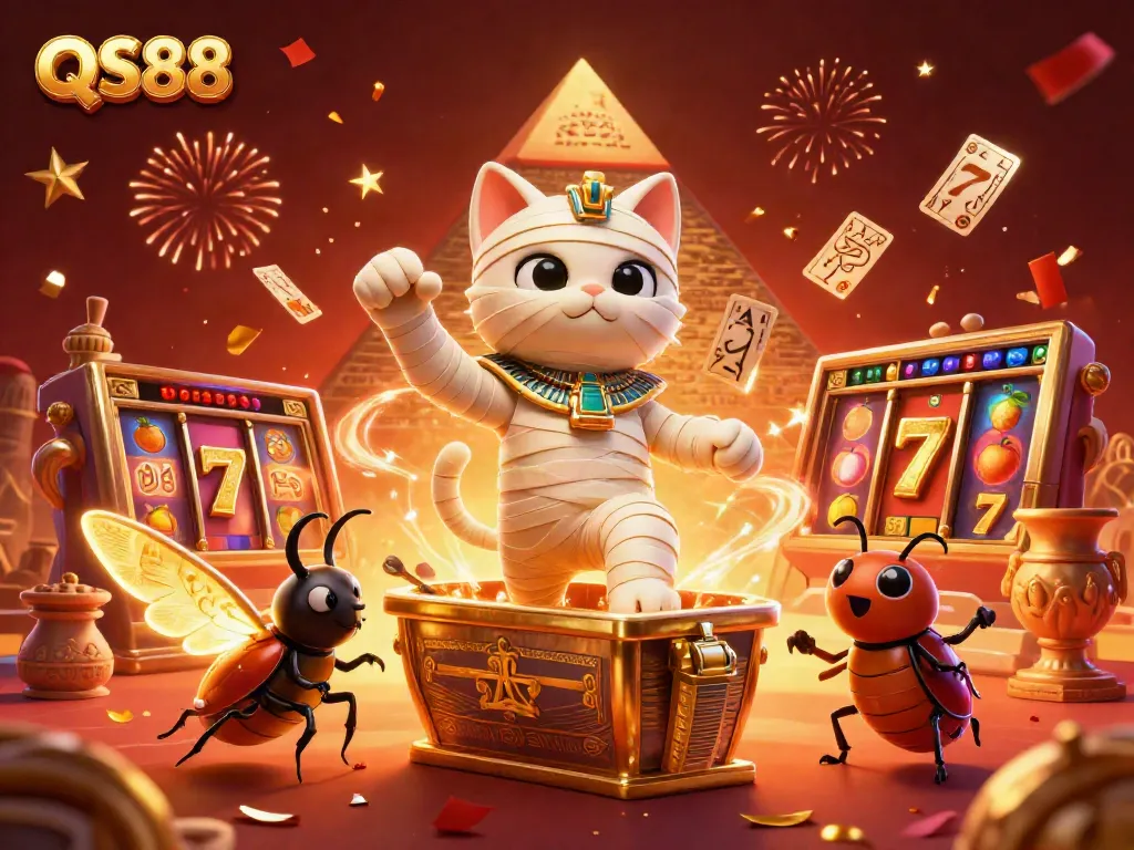 Experience the thrill of QS88 with a vibrant casino scene featuring a mummy cat and slot reels.