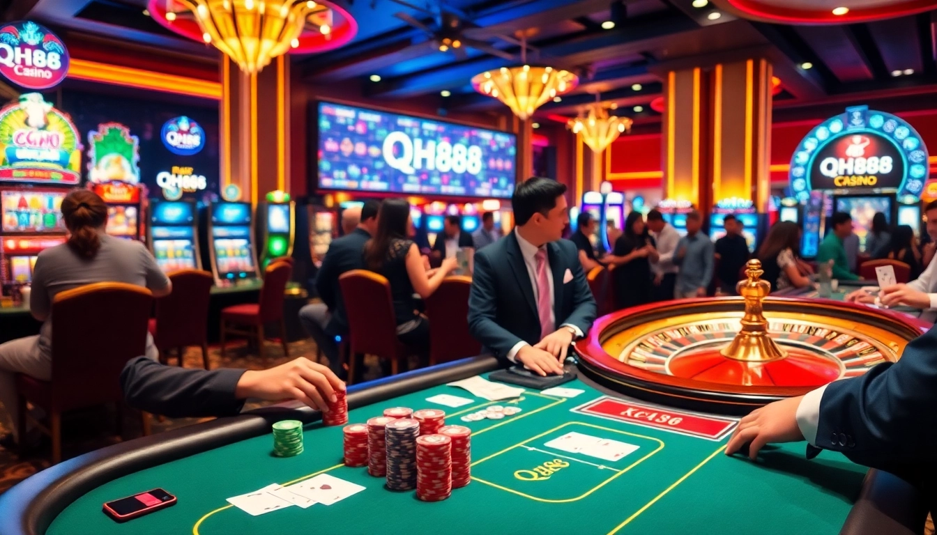 Experience thrilling gameplay at QH88 casino with players at the poker table and vibrant slot machines.