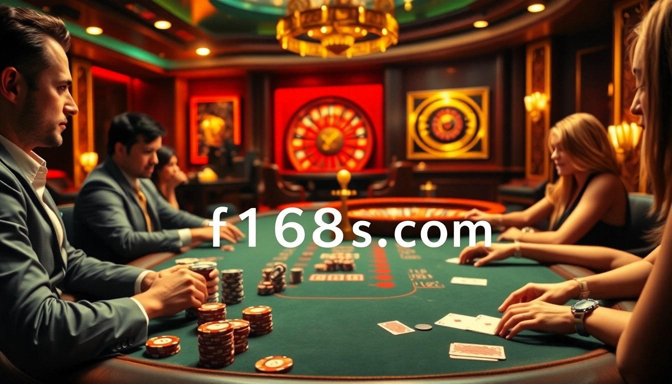 Engage with high-stakes gameplay at https://f1686s.com/, featuring vibrant casino tables and excited gamblers.