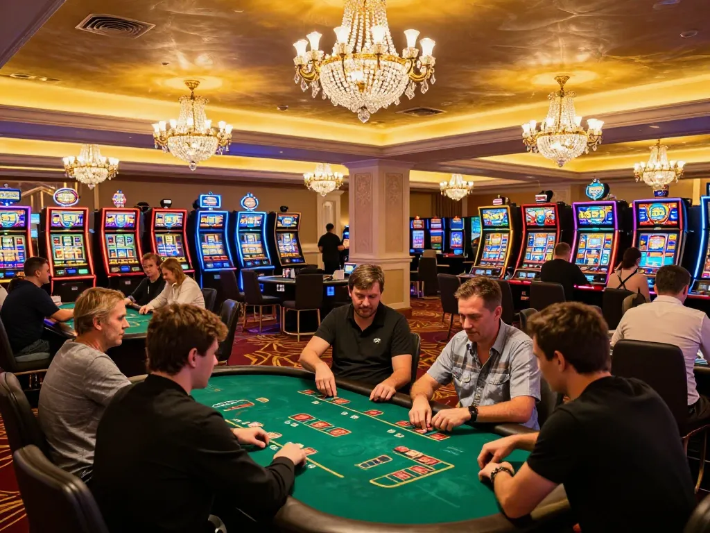 Experience the thrill of bl555 casino gaming with players engaged at poker tables and slot machines