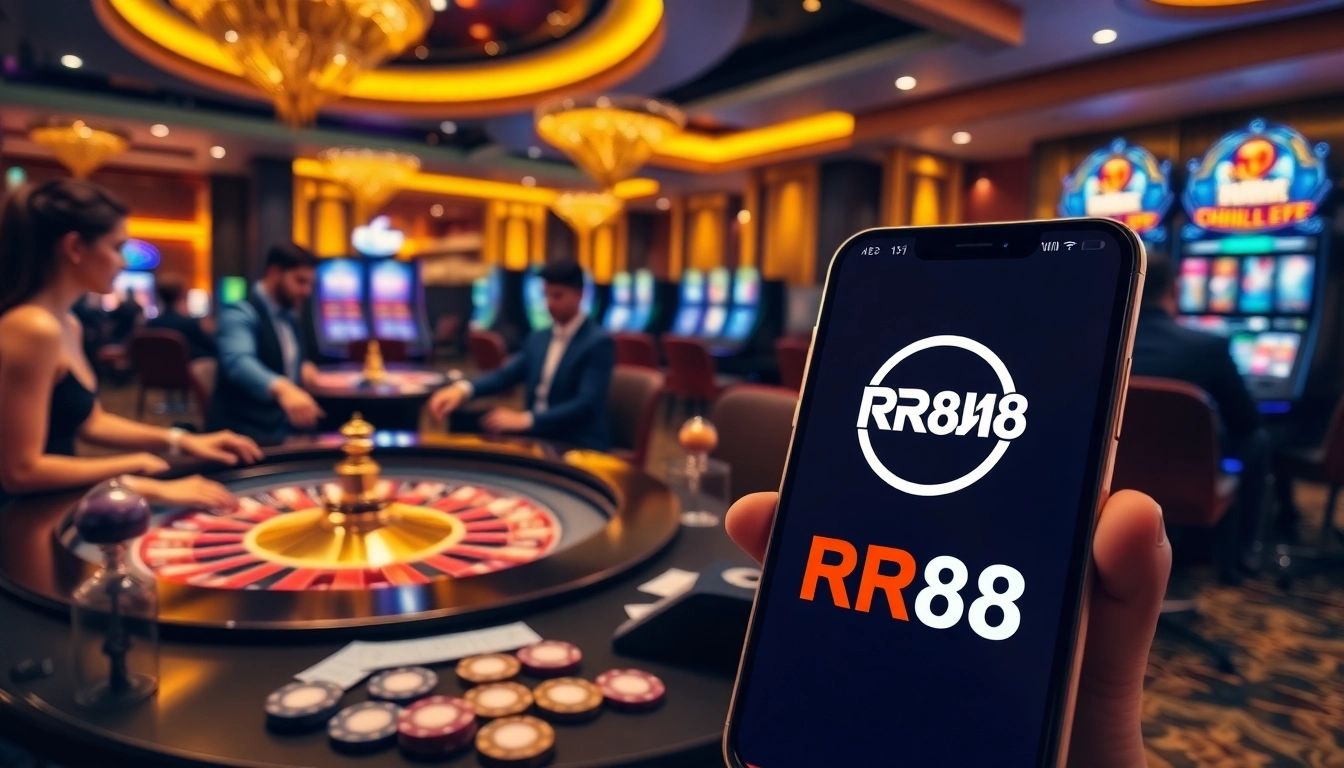 Play a game at RR88's luxurious online casino with vibrant slot machines and a roulette table.
